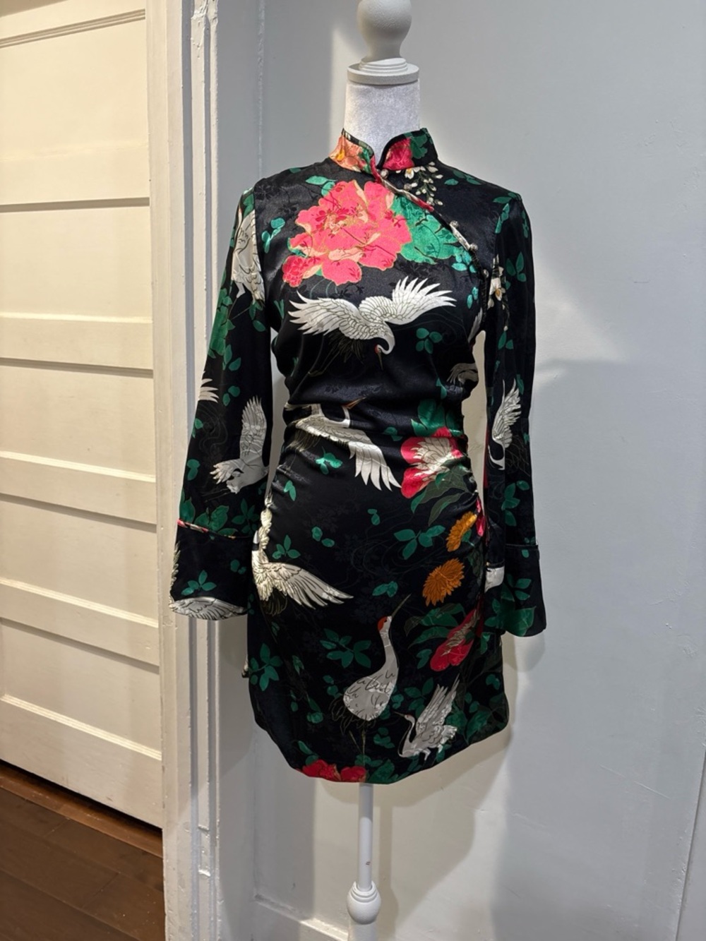 Zara Black Satin Long-Sleeve Mini Dress with Floral & Crane Print